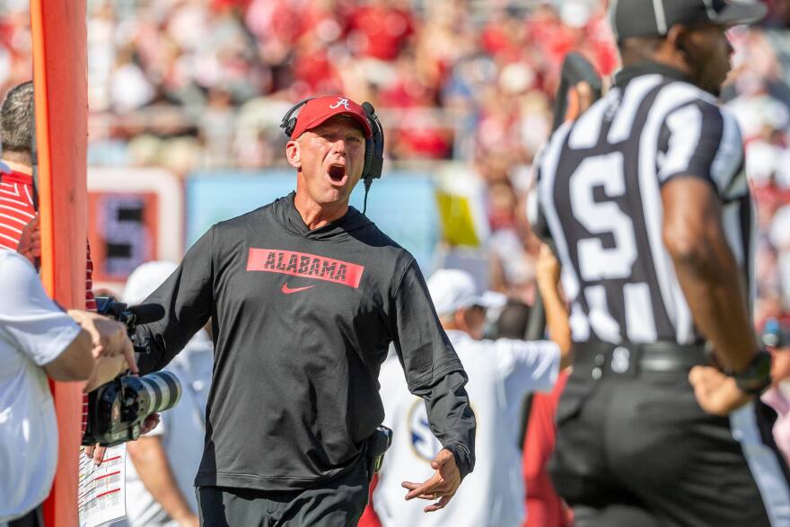 Alabama head coach Kalen DeBoer reacts to an official's call during the first half of an NCAA college football game against Vanderbilt, Saturday, Oct. 4, 2025, in Tuscaloosa, Ala. (AP Photo/Vasha Hunt)