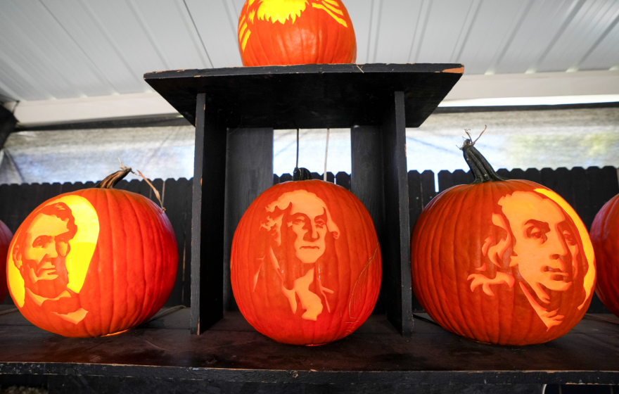Carved pumpkins depict American leaders at the annual Pumpkin Walk in North Logan on Thursday, Oct. 15, 2026