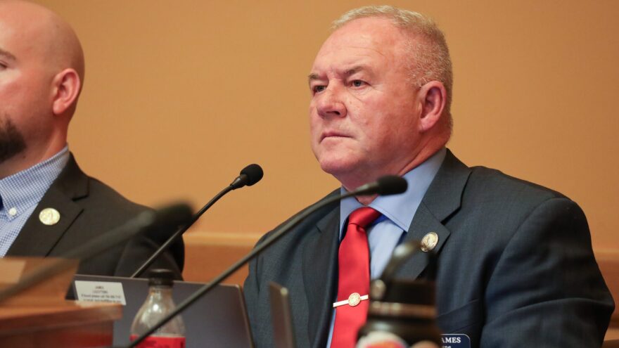 Rep. Rick James, a Republican veteran from La Cygne, championed legislation to benefit for-profit businesses that help veterans process benefit claims in exchange for a cut of the benefits. The practice, which is at odds with federal law, is banned in other states because the same service is available for free. James, who received a donation from one of the for-profit businesses, is seen here during a Feb. 10, 2025, committee hearing.