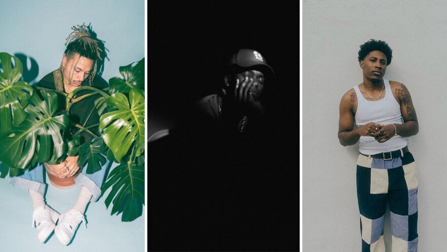 Three side-by-side images of young men shows one sitting beneath the leaves of a plant, one in a dark room with his hand covering his face and one standing against a neutral-colored wall wearing a white tank top and colorful pants.
