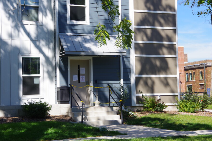 A first-floor entrance to Tyden Lofts in Hastings, MI is seen taped off with police tape on Monday, Sept. 14, 2026. First-floor residents were blocked from their units for longer than others, due to the presence of ricin in a first-floor unit. Officials say residents have been given the all-clear to safely return to the complex.