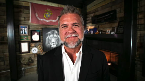 Colorado gubernatorial candidate Victor Marx stands in his Colorado Springs recording studio, on a property that houses his nonprofit's headquarters and combat training facilities. May 14, 2026.