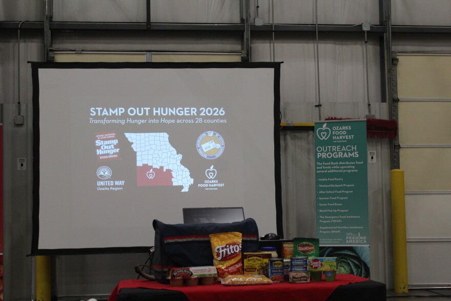 A table set up at the kickoff for the 2026 Stamp Out Hunger Food Drive at Ozarks Food Harvest in Springfield, Mo. on May 7, 2026.
