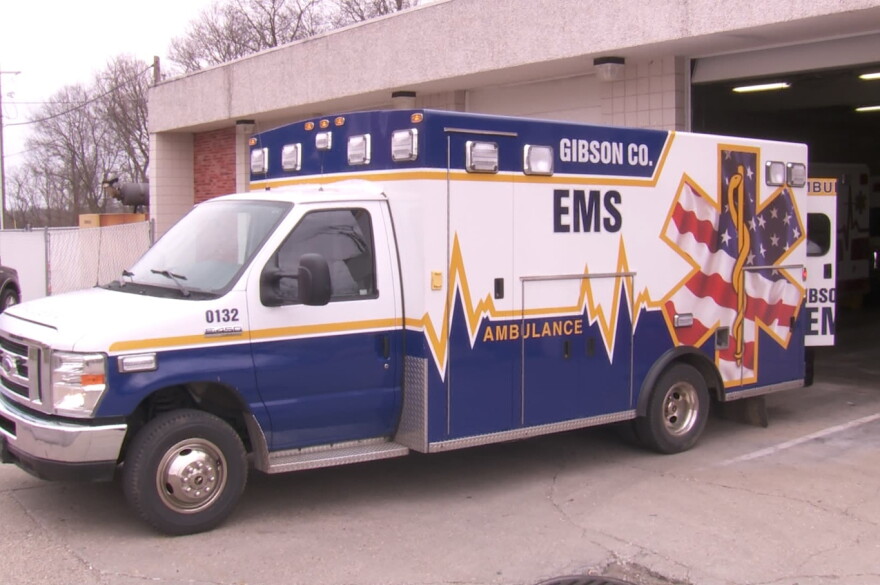 An ambulance parked at a Gibson County EMS facility in Princeton, Indiana.