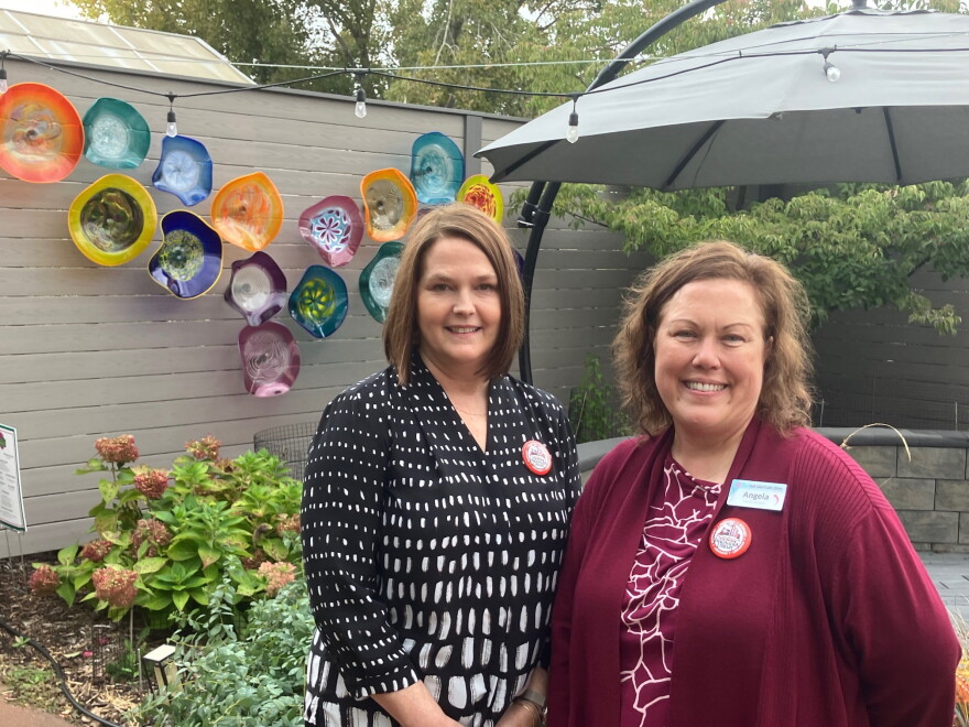 Karen Lonergan (left), Cordova District Library director, and Rock Island Public Library director Angela Campbell at QC Botanical Center, Rock Island, on Oct. 14, 2026.