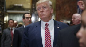 President Donald Trump stops to listens to questions from members of the media in the lobby of Trump Tower, Tuesday, Aug. 15, 2017 in New York. (Pablo Martinez Monsivais/AP)