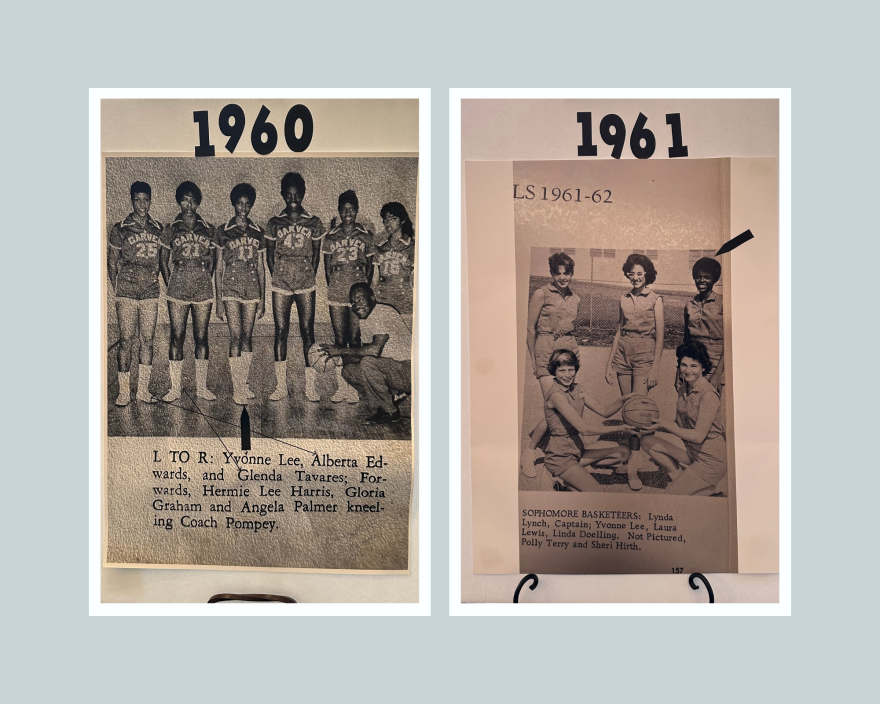 (left) 14-year-old Yvonne Lee Odom on the basketball team at the all-Black Carver High School in Delray Beach. (Right) 15-year-old Odom on the all-White intramural basketball team at Seacrest High School (now Atlantic Community High School) in 1961. Archival display by Odom's daughter, Joi Odom Grant, at a gathering in the Delray Beach Golf Club. August 10, 2023