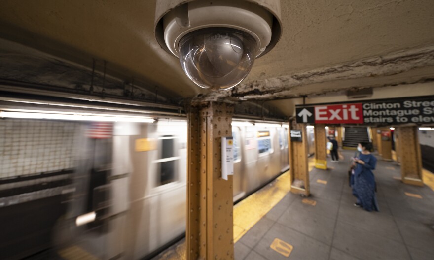 A video surveillance camera is installed on the ceiling above a subway platform in the Court Street station, Wednesday, Oct. 7, 2020 in the Brooklyn borough of New York.