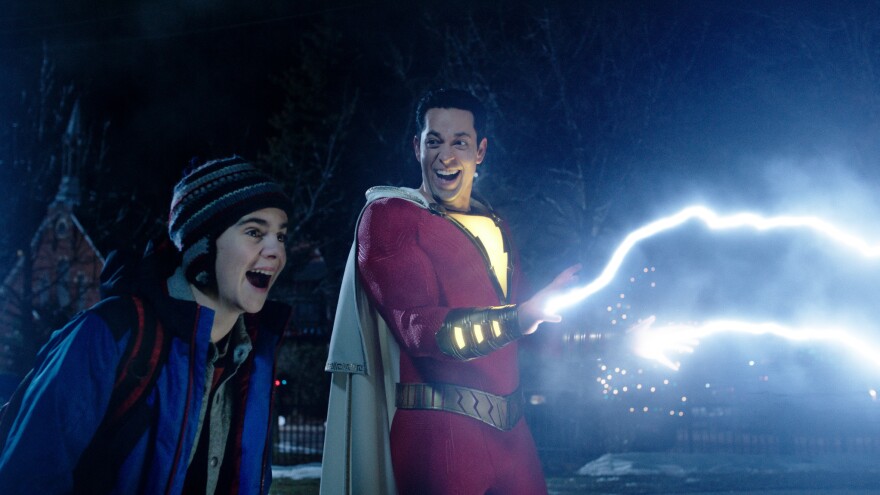 Let there be light...ness: Freddy Freeman (Jack Dylan Grazer) and ... well, he goes by many names, long story (Zachary Levi) forget their troubles, come on and get zappy in <em>Shazam</em>!