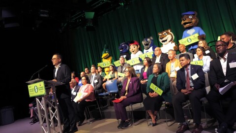 Angel Rodriguez, a commissioner for the California Student Aid Commission and a San Bernardino Community College District associate vice chancellor, speaks at San Bernardino Valley College during a Wednesday, Oct. 8, 2025, event to kick off the Cash for College campaign.