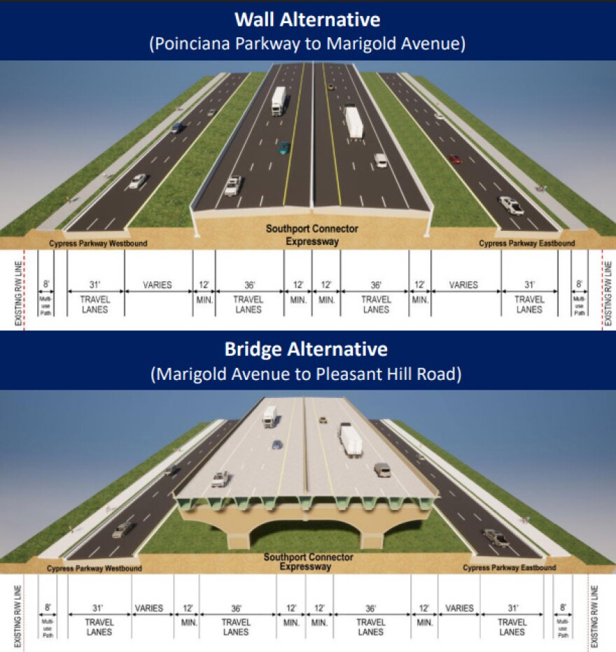 Portions of the expressway would be elevated, including a section in the Reedy Creek area, where animals could pass underneath it.