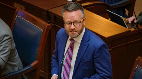 Republican Sen. Brady Brammer speaks in favor of his bill that codified three methods of evaluating congressional maps for bias during a special session of the Utah Legislature, Oct. 6 2025.