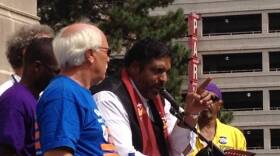 Rev. William Barber II speaks during a rally Saturday at the Indiana state capitol.
