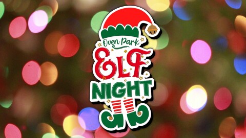 a graphic shows an elf covered by the words "Oven Park Elf Night"