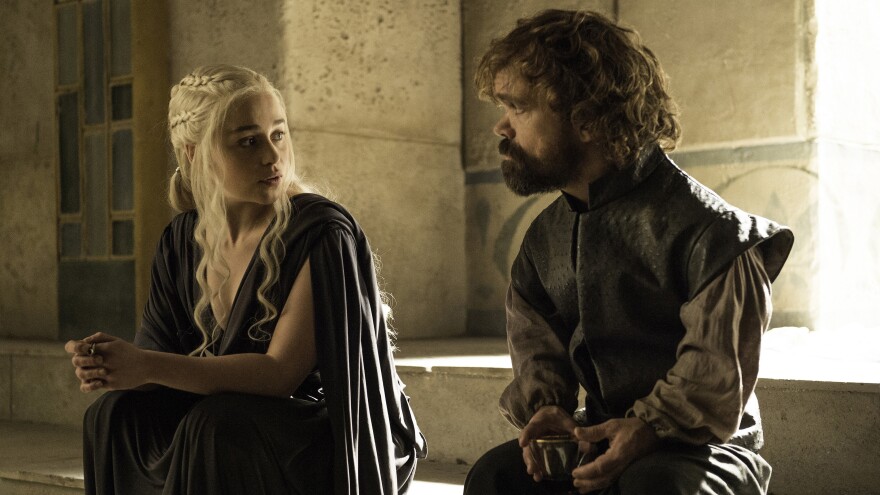 Emilia Clarke (left) and Peter Dinklage appear in Sunday's episode of HBO's <em>Game of Thrones.</em>