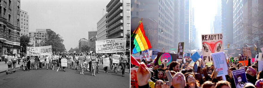 <strong>Activism then and now (from left)</strong>: Women's Liberation march in Washington, DC in 1970; The Women's March in New York CIty in 2017.