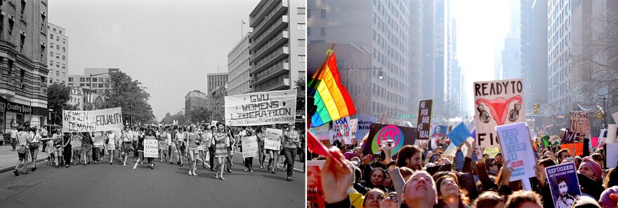 <strong>Activism then and now (from left)</strong>: Women's Liberation march in Washington, DC in 1970; The Women's March in New York CIty in 2017.