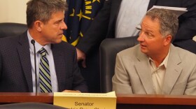 GOP Senate President Pro Tempore Rodric Bray and House Speaker Todd Huston talk after a Legislative Council meeting on Wednesday, June 25, 2025.