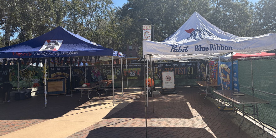 Tents and vendor stations are set up ahead of Fest 24 in Bo Didley Plaza on Thursday, Oct. 22, 2026. (Seth Haber/WUFT News)