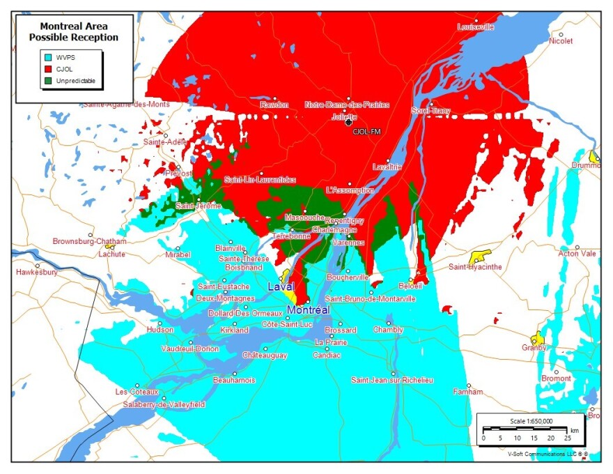 A coverage map of Quebec showing coverage of radio stations WVPS and CJOL