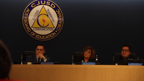 Colton Joint Unified School District Superintendent Frank Miranda, Board President Bertha Flores and board member Dan Flores during Thursday’s board meeting.