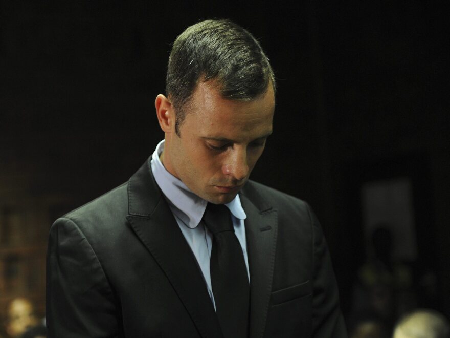 South African sprinter Oscar Pistorius in a Pretoria court Wednesday.