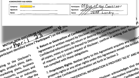 An illustration shows the mutual nondisclosure agreement Gov. Jeff Landry signed on behalf of the "Office of the Governor" with an LLC in April 2024. LED released the document in response to a request for records involving Meta or Laidley LLC, Meta’s data center subsidiary.
