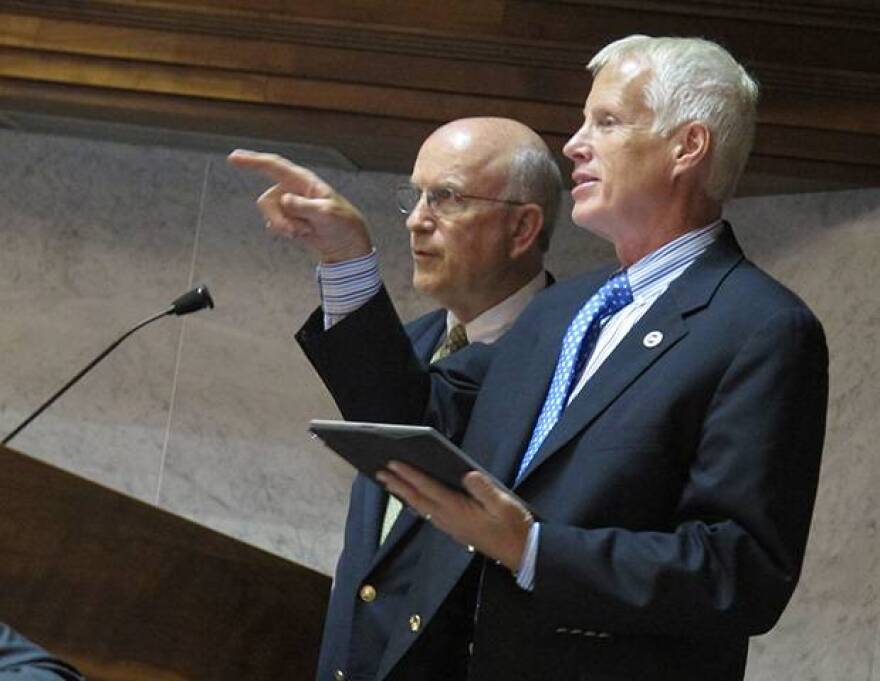 The stateâ€™s leading education lawmakers want to extend Pearsonâ€™s testing contract, to avoid rushing into a botched replacement for ISTEP+. In this 2013 file photo, House education committee chair Bob Behning (left) and Senate education committee chair Dennis Kruse attend a state panel.