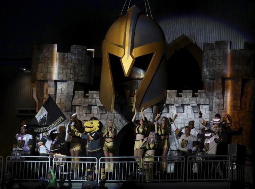 Mascot Chance helps to celebrate the Vegas Golden Knights defeating the Boston Bruins 3-1 during an NHL hockey game at T-Mobile Arena Sunday, Oct. 15, 2017, in Las Vegas.