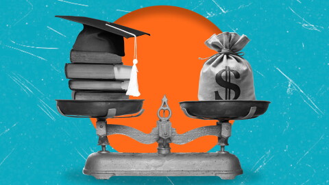 Illustration of a scale with books and graduation and an equal weight of money