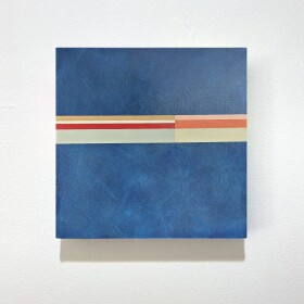 A painting with a blue textured background and bars of reds, oranges, creams, and grays overlaying it.