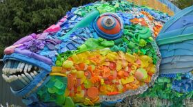 A trash sculpture honoring sea life, designed by Oregon-based artist Angela Haseltine Pozzi.