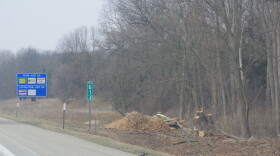 A wooded roadside with a couple of road signs and piles of chipped wood are visible in the picture.