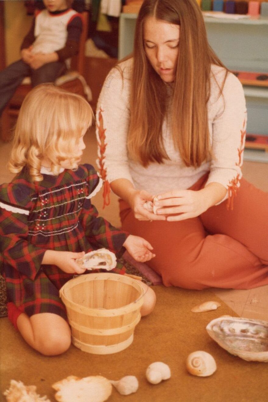 Christina Miller, director of the Millhopper Montessori School, and a student working with seashells in 1977. (Photo courtesy of Millhopper Montessori School)