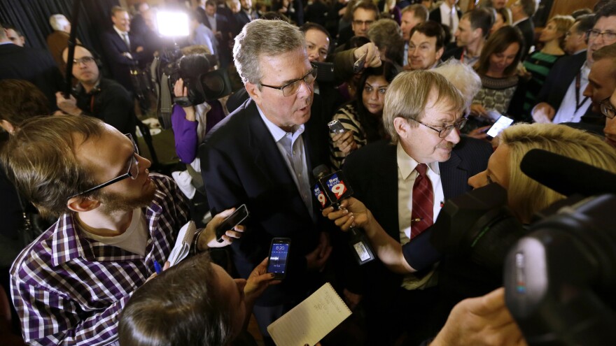 Former Florida Gov. Jeb Bush speaks to members of the media during a two-day swing through Iowa that had all the trappings of a presidential campaign.