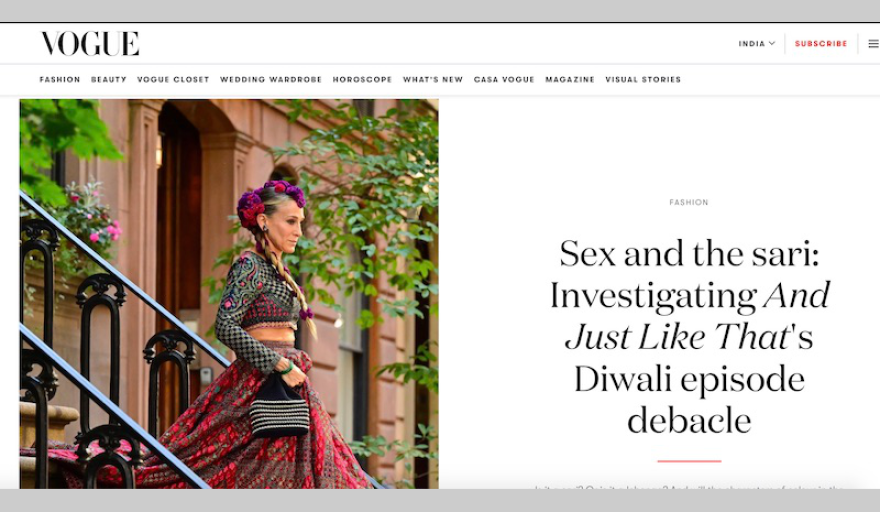 The front page of Vogue India detailing the 'not a Sari' worn by Sarah Jessica Parker on the show "Just Like That."