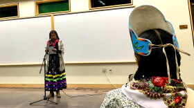 Cassandra Atencio tells a story at the Southern Ute Elder storytelling event in Ignacio, CO.