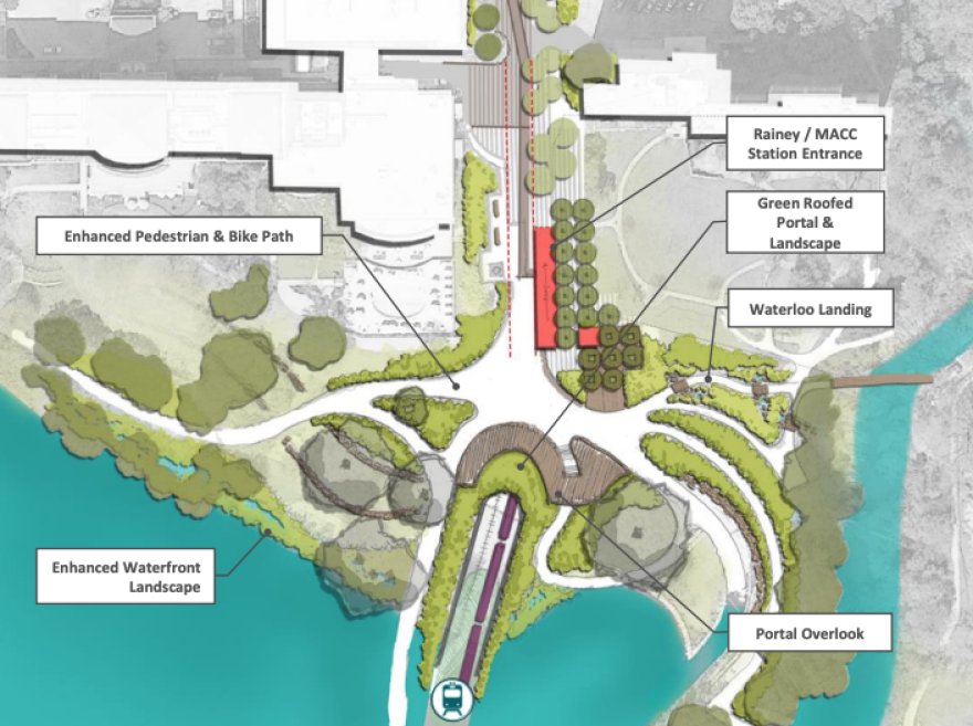 An illustration showing a landscaped view of where the Blue Line will enter a tunnel portal on the north side of Lady Bird Lake