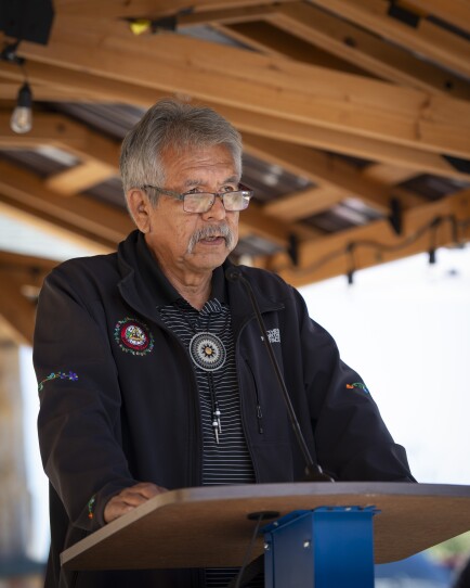Leech Lake Tribal Chairman Faron Jackson speaks at a commemoration ceremony at White Oak Casino in Deer River on June 14, 2026.