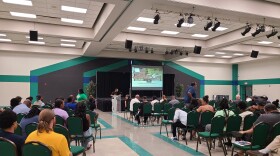 A crowd gathers in the Greenwood Cultural Center just before members of PartnerTulsa give an update regarding the redevelopment of the Evans-Fintube site.