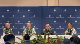 The Kamehameha Schools trustee finalists met with the public at a talk story forum at Kamehameha Schools Kapālama on Dec. 18. From left to right: Neil Hannahs (moderator), Keith Vieira, Eric Yeaman, Olin Lagon (finalists).