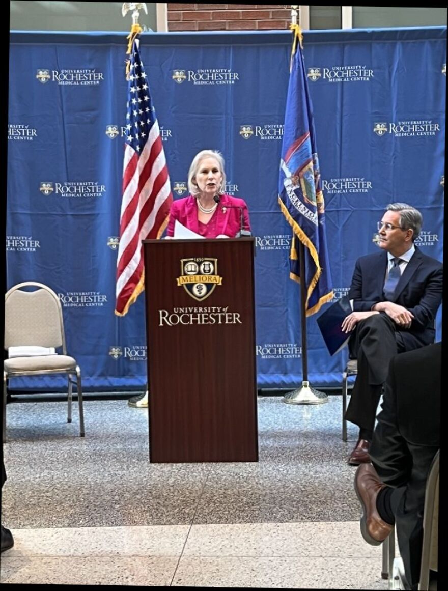 U.S. Sen. Kirsten Gillibrand (D-NY) spoke to reporters and met officials from the University of Rochester and Rochester Institute of Technology on Friday at UR.
