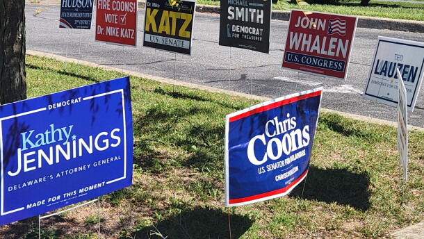 Signs for Democratic and Republican candidates at a Kent County polling location, September 15, 2026.