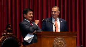 Missouri House Majority Leader Rep. Jon Patterson, R-Lee’s Summit, and Gov. Mike Kehoe converse during the waning hours of the legislative session at the Missouri capitol on Thursday, May 15, 2025, in Jefferson City.