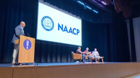 NWA NAACP President Coby Davis, former gubernatorial candidate Chris Jones, Representative Denise Garner and Springdale superintendent Jared Cleveland at the Fayetteville Public Library in August.