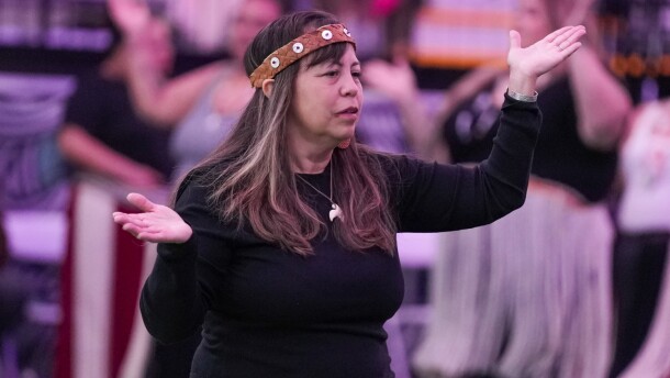Amy McFarland, who is directing the World Cup events for the Puyallup Tribe of Indians, during Coastal Protocol. This is a traditional cultural exchange of song, dance, and often gift-giving among Indigenous nations. The Puyallup Tribe hosted this to welcome visitors to the region to witness and learn about their culture and heritage while Seattle hosts matches for the World Cup.