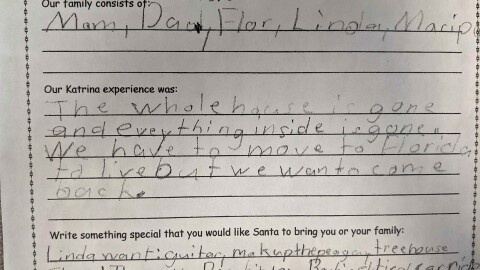 A copy of Linda Gieseler's letter she wrote for the "Dear Santa" program. She was in third grade when she wrote down what happened to their home during the storm and what her family wanted for Christmas.