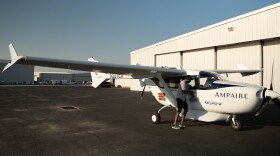 Ampaire's hybrid plane, EEL, sits outside a hangar.