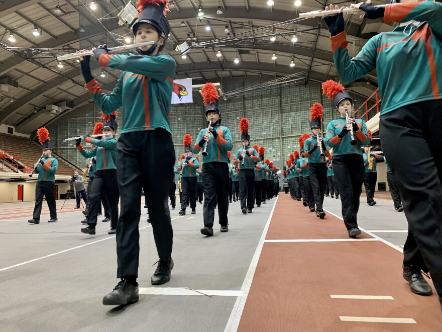 Members of the Normal Marching Band rehearse ahead of their performance in the Chicago Thanksgiving Parade this Thursday.