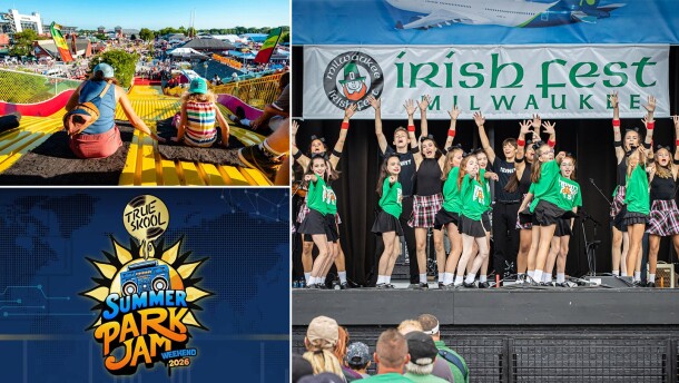 (Clockwise from top left) Wisconsin State Fair, Irish Fest and the True Skool Summer Park Jam.